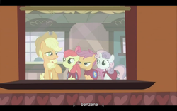 Size: 1024x640 | Tagged: safe, screencap, apple bloom, applejack, scootaloo, sweetie belle, g4, one bad apple, chemistry, youtube caption