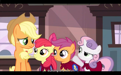 Size: 1024x640 | Tagged: safe, edited screencap, screencap, apple bloom, applejack, scootaloo, sweetie belle, g4, one bad apple, caption, youtube caption