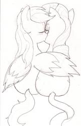 Size: 1286x2002 | Tagged: safe, artist:pockystix, rainbow dash, rarity, pegasus, pony, unicorn, g4, both cutie marks, female, kissing, lesbian, lineart, ship:raridash, shipping, sitting, sketch, traditional art, winghug, wings