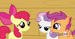 Size: 1915x1009 | Tagged: safe, screencap, apple bloom, scootaloo, sweetie belle, g4, one bad apple, hub logo, hubble, lidded eyes