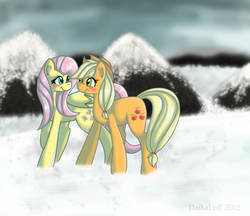 Size: 954x825 | Tagged: safe, artist:daikaluff, applejack, fluttershy, g4, female, lesbian, ship:appleshy, shipping, snow