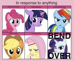 Size: 672x551 | Tagged: safe, applejack, fluttershy, pinkie pie, rainbow dash, rarity, twilight sparkle, g4, 6 pony meme, bend over, exploitable meme, in a nutshell, meme, meta