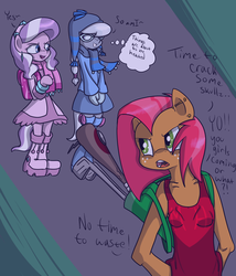 Size: 1944x2273 | Tagged: safe, artist:artsygum, babs seed, diamond tiara, silver spoon, anthro, g4, baseball bat, clothes, glasses, golf club, tank top, winter outfit