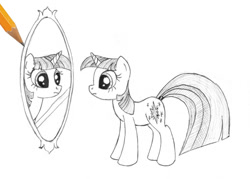 Size: 800x572 | Tagged: safe, artist:sirzi, twilight sparkle, g4, fourth wall, frown, mirror, monochrome, pencil, pencil drawing, reflection, sketch, traditional art