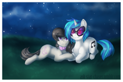 Size: 1000x667 | Tagged: safe, artist:vella, dj pon-3, octavia melody, vinyl scratch, g4, female, lesbian, red eyes, ship:scratchtavia, shipping