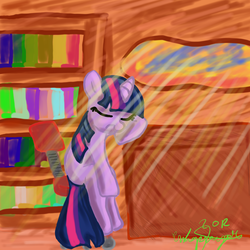 Size: 2000x2000 | Tagged: safe, twilight sparkle, pony, unicorn, g4, book, bookshelf, chair, desk, female, high res, mare, sleeping, solo, sunlight, unicorn twilight