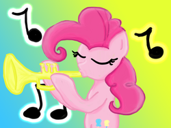 Size: 1600x1200 | Tagged: safe, pinkie pie, pony, g4, eyes closed, female, musical instrument, solo, trumpet