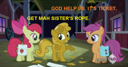 Size: 630x332 | Tagged: safe, apple bloom, scootaloo, sweetie belle, oc, oc:ticket, g4, one bad apple, cutie mark crusaders, sweetie gold