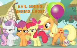 Size: 505x319 | Tagged: safe, edit, edited screencap, screencap, apple bloom, applejack, scootaloo, sweetie belle, g4, my little pony: friendship is magic, one bad apple, balloon, evil smile, grin, seems legit, smiling