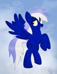 Size: 463x602 | Tagged: safe, artist:fluffy-pone, oc, oc only, pegasus, pony, flying, looking back, pegasus oc, sky, wings