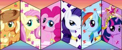 Size: 1724x710 | Tagged: safe, artist:solar-slash, applejack, fluttershy, pinkie pie, rainbow dash, rarity, twilight sparkle, g4, element of generosity, element of honesty, element of kindness, element of laughter, element of loyalty, element of magic, elements of harmony