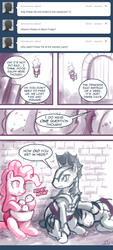 Size: 581x1280 | Tagged: safe, artist:johnjoseco, pinkie pie, ask princess molestia, g4, ask, bowl, comic, door, dungeon, food, ice cream, night guard, pinkie pie out of nowhere, torch, tumblr