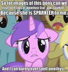 Size: 426x447 | Tagged: safe, amethyst star, sparkler, starly, g4, exploitable meme, image macro, meta, tags, text