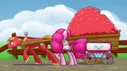 Size: 3156x1780 | Tagged: safe, artist:underpable, big macintosh, pinkie pie, earth pony, pony, g4, apple, cart, cropped, female, fence, male, mare, pulling, stallion, wagon, welcome wagon, working