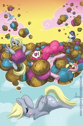 Size: 600x910 | Tagged: safe, artist:amy mebberson, idw, official comic, derpy hooves, fluttershy, pinkie pie, rarity, pegasus, pony, g4, official, comic, cover, cute, dream, drool, female, mare, muffin, sleeping, that pony sure does love muffins