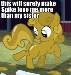Size: 436x458 | Tagged: safe, edit, edited screencap, screencap, sweetie belle, pony, unicorn, g4, one bad apple, butt, butt tail, caption, female, filly, foal, image macro, luster dust, male, plot, roflbot, ship:spikebelle, shipping, straight, sweetie gold, text