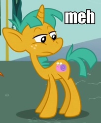 Size: 390x476 | Tagged: safe, edit, edited screencap, screencap, snails, pony, boast busters, g4, caption, male, meh, reaction image, solo