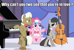Size: 600x411 | Tagged: safe, edit, edited screencap, screencap, frederic horseshoepin, octavia melody, pinkie pie, earth pony, pony, g4, the best night ever, bipedal, bipedal leaning, caption, clothes, dress, female, fredtavia, gala, gala dress, grand galloping gala, hoof hold, image macro, leaning, male, mare, shipper on deck, shipping, stallion, straight