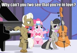 Size: 600x411 | Tagged: safe, edit, edited screencap, screencap, frederic horseshoepin, octavia melody, pinkie pie, earth pony, pony, g4, the best night ever, bipedal, bipedal leaning, caption, clothes, dress, female, gala, gala dress, grand galloping gala, hoof hold, image macro, leaning, male, mare, ship:fredtavia, shipper on deck, shipping, stallion, straight