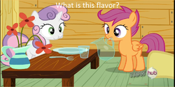 Size: 1034x516 | Tagged: safe, edit, edited screencap, screencap, scootaloo, sweetie belle, g4, one bad apple, american english, caption, jug, mouth hold