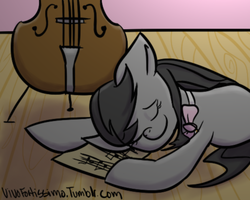 Size: 513x410 | Tagged: safe, artist:vivofortissimo, octavia melody, earth pony, pony, g4, 30 minute art challenge, cello, female, musical instrument, sheet music, sleeping, solo