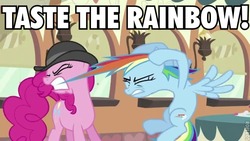 Size: 640x360 | Tagged: safe, edit, edited screencap, screencap, pinkie pie, rainbow dash, g4, mmmystery on the friendship express, my little pony: friendship is magic, caption, skittles, taste the rainbow