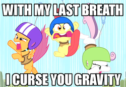 Size: 517x357 | Tagged: safe, edit, edited screencap, screencap, apple bloom, scootaloo, sweetie belle, g4, season 1, the cutie mark chronicles, caption, covering eyes, cropped, cutie mark crusaders, faic, falling, female, filly, helmet, image macro, speed lines, tongue out