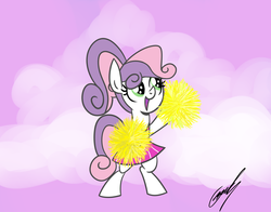 Size: 1432x1124 | Tagged: safe, artist:gearholder, sweetie belle, pony, g4, bipedal, cheerleader, missing horn, pom pom, ponytail