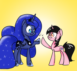 Size: 757x697 | Tagged: safe, artist:lemon-heartss, princess luna, oc, alicorn, pony, unicorn, g4, duo, female, hoofbump, mare