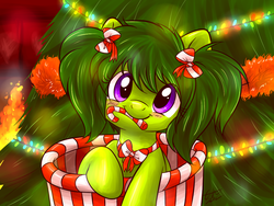 Size: 1024x768 | Tagged: safe, artist:fizzy-dog, oc, oc only, oc:lemonade, pony, blushing, bow, candy, candy cane, christmas, cute, looking at you, mouth hold, nom, ocbetes, pigtails, smiling, solo