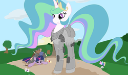 Size: 3075x1805 | Tagged: safe, artist:fribox, princess celestia, twilight sparkle, g4, armor