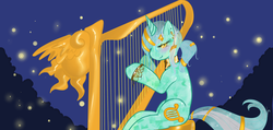 Size: 2000x950 | Tagged: safe, artist:azure-doodle, lyra heartstrings, pony, unicorn, g4, blushing, crystallized, female, harp, jewelry, mare, musical instrument, sexually confused lyra, sitting, smiling, solo