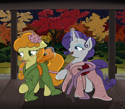 Size: 1500x1300 | Tagged: safe, artist:theparagon, carrot top, golden harvest, rarity, earth pony, pony, unicorn, g4, alternate hairstyle, bedroom eyes, blushing, clothes, cute, dress, duo, featured image, female, floppy ears, flower, flower in hair, friendshipping, kimono (clothing), lesbian, levitation, magic, open mouth, raised hoof, sexy, ship:carrity, shipping, smiling, telekinesis