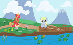 Size: 900x563 | Tagged: safe, artist:eyeofmagnus, big macintosh, derpy hooves, earth pony, pony, g4, cattails, cloud, cloudy, flower, imminent death, implications, lilypad, log, male, mountain, muffin, of mice and men, reeds, stallion, the implications are horrible, wallpaper, water