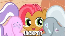 Size: 725x407 | Tagged: safe, edit, edited screencap, screencap, babs seed, diamond tiara, silver spoon, g4, my little pony: friendship is magic, one bad apple, butt, caption, image macro, jackpot, plot