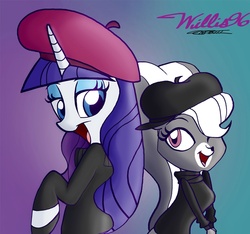 Size: 999x935 | Tagged: safe, artist:walliscolours, rarity, pony, skunk, unicorn, g4, beatnik rarity, beret, clothes, crossover, female, hat, littlest pet shop, mare, pepper clark, tabitha st. germain, voice actor joke