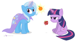 Size: 1500x825 | Tagged: safe, artist:dm29, trixie, twilight sparkle, pony, unicorn, g4, apple, female, horn, lesbian, magic, mare, orange, ship:twixie, shipping, simple background, transparent background, unicorn twilight, vector