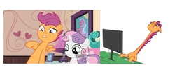 Size: 866x361 | Tagged: safe, edit, edited screencap, screencap, scootaloo, sweetie belle, g4, one bad apple, reaction image, scootaloong