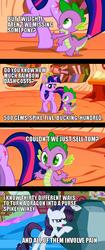 Size: 640x1530 | Tagged: safe, artist:sparklepeep, edit, edited screencap, gameloft, screencap, rarity, spike, tom, twilight sparkle, dragon, pony, unicorn, g4, season 2, the return of harmony, abuse, angry, big crown thingy, comic, crack is cheaper, discorded, element of magic, female, horn, imminent pain, implied rainbow dash, jewelry, male, mare, raised hoof, regalia, rock, spikeabuse, text, unicorn twilight, walking