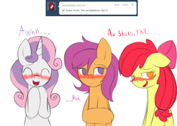 Size: 1280x914 | Tagged: safe, artist:tails-doll-lover, apple bloom, scootaloo, sweetie belle, g4, ask, blushing, cutie mark crusaders, teenage crusaders answers, teenager, tumblr