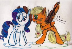 Size: 3485x2413 | Tagged: safe, artist:deihiru, applejack, rarity, g4, female, lesbian, musical instrument, ship:rarijack, shipping, traditional art, violin