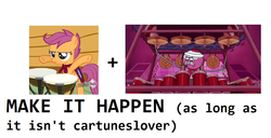 Size: 1273x652 | Tagged: safe, scootaloo, g4, 150 piece kit, benson, cartuneslover16, drums, exploitable meme, make it happen, male, musical instrument, regular show