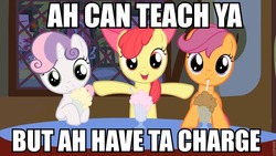 Size: 960x540 | Tagged: safe, apple bloom, scootaloo, sweetie belle, g4, image macro, kelis, milkshake, roflbot, song reference