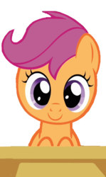 Size: 363x608 | Tagged: safe, artist:kuren247, scootaloo, pony, g4, c:, cute, cutealoo, desk, female, looking at you, simple background, smiling, solo, transparent background, vector