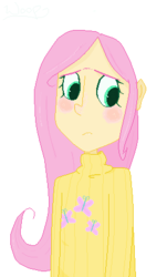 Size: 274x453 | Tagged: safe, artist:woop-de-de-doo, fluttershy, human, g4, clothes, humanized, simple background, sweater, sweatershy, turtleneck, unibrow