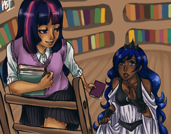 Size: 950x743 | Tagged: safe, artist:mistix, princess luna, twilight sparkle, human, g4, book, clothes, dark skin, dress, golden oaks library, humanized, jewelry, library, lidded eyes, looking up, moderate dark skin, skirt, tiara, vest