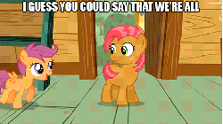 Size: 480x270 | Tagged: safe, edit, edited screencap, screencap, babs seed, scootaloo, earth pony, pegasus, pony, g4, one bad apple, animated, butt bump, butt to butt, butt touch, caption, female, filly, image macro, lesbian, ship:babscoot