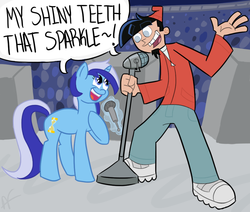 Size: 967x820 | Tagged: dead source, safe, artist:hamflo, minuette, pony, unicorn, g4, chip skylark, concert, crossover, dialogue, magic, microphone, my shiny teeth and me, singing, stage, teeth, telekinesis, the fairly oddparents