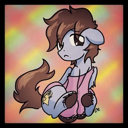 Size: 612x612 | Tagged: safe, artist:claireannecarr, oc, oc only, oc:claire anne carr, pegasus, pony, :<, clothes, cute, floppy ears, frown, looking at you, male, ocbetes, shirt, sitting, solo, stallion, underhoof, unshorn fetlocks