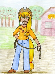 Size: 897x1200 | Tagged: safe, artist:nethilia, applejack, human, g4, eared humanization, female, humanized, lasso, solo, tailed humanization